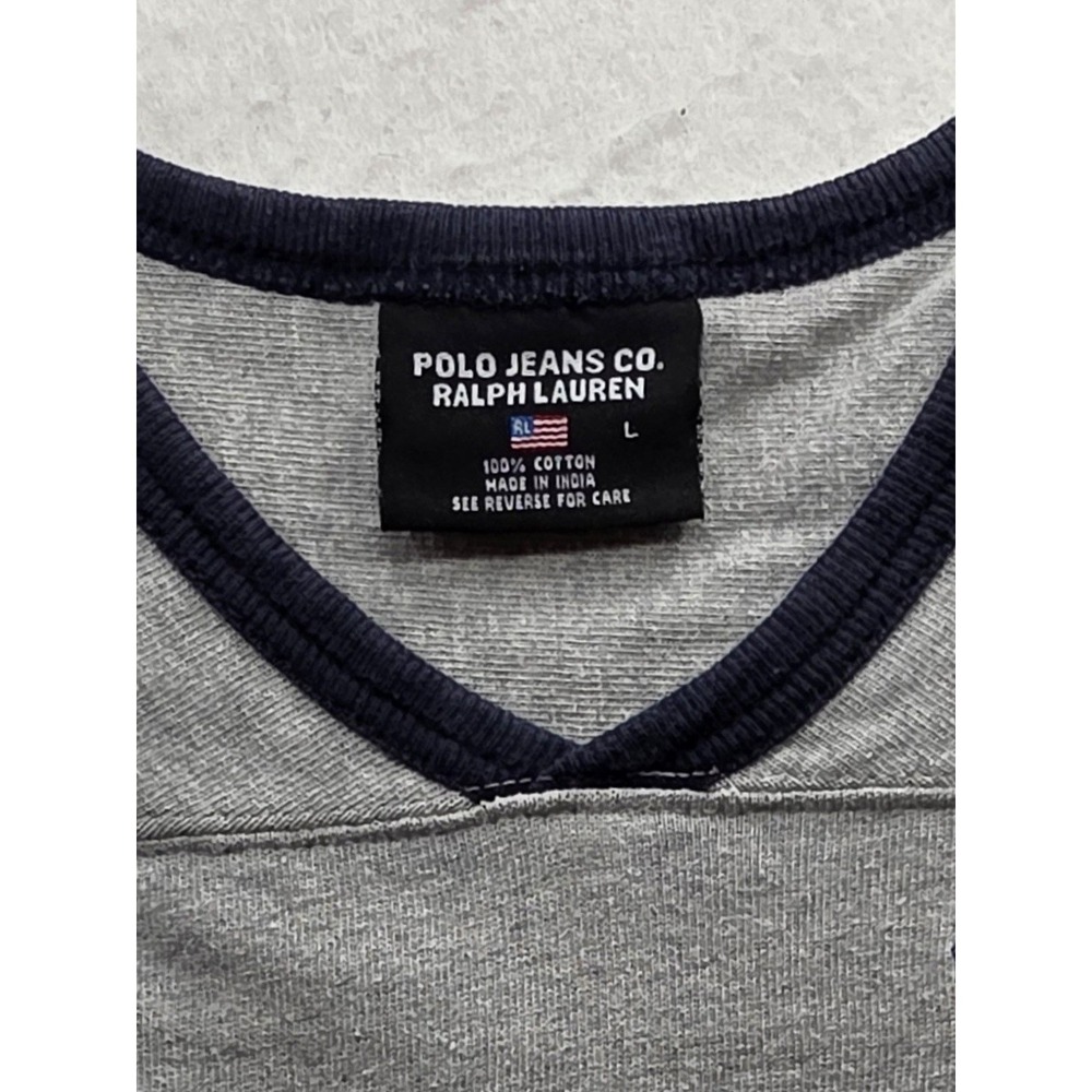 Polo Ralph Lauren Vintage Men's Gray Blue Ringer Polo USA V-Neck Shirt. Size L - Picture 7 of 8
